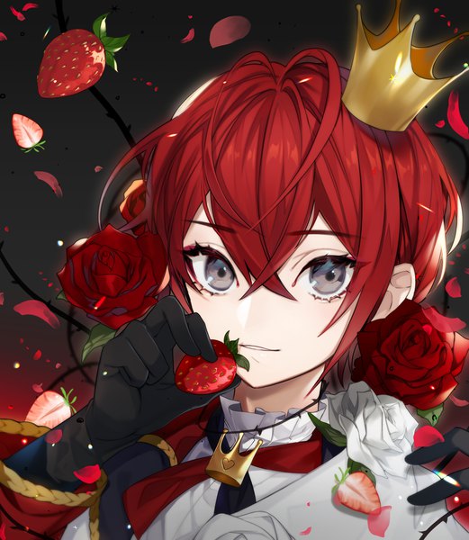 Anime picture 2000x2300 with twisted wonderland riddle rosehearts spinel cranweiss (artist) single tall image looking at viewer fringe highres short hair hair between eyes holding upper body ahoge red hair grey eyes boy gloves flower (flowers) black gloves food