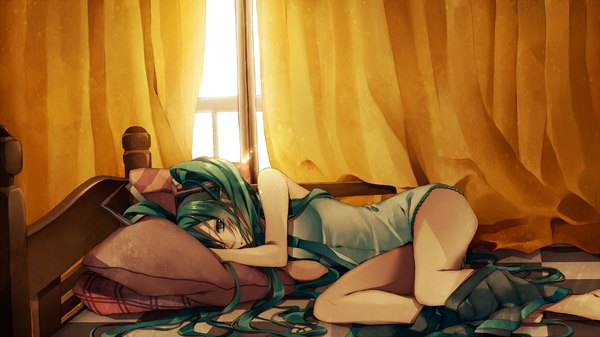 Anime picture 1440x810 with vocaloid hatsune miku tsukioka tsukiho single long hair wide image twintails bent knee (knees) indoors lying barefoot aqua eyes aqua hair bare legs sleeveless on side backlighting girl pillow bed