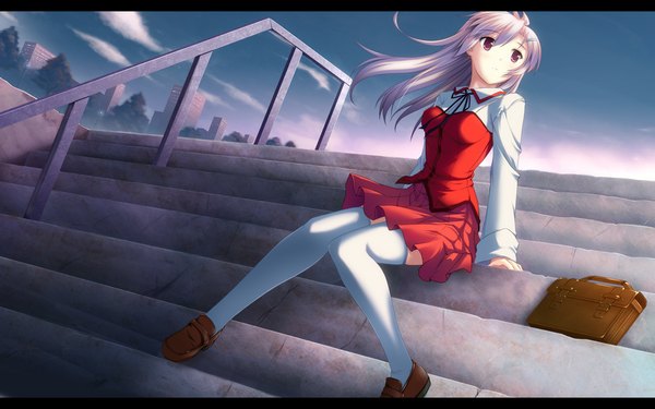 Anime picture 1000x625 with original ryoumoto ken single long hair wide image sitting purple eyes looking away white hair girl thighhighs uniform school uniform white thighhighs school bag stairs