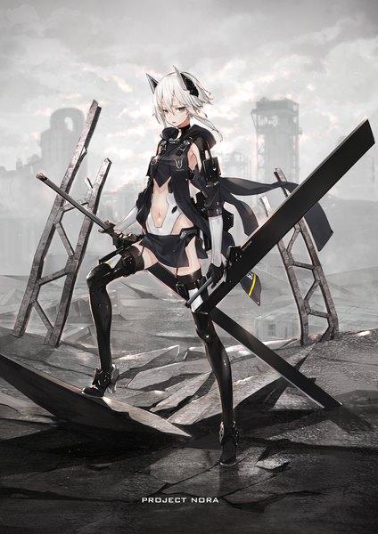 Anime picture 1059x1500 with original yucca-612 (neco) single tall image looking at viewer fringe short hair breasts hair between eyes standing holding full body white hair grey eyes dual wielding center opening destruction girl thighhighs gloves