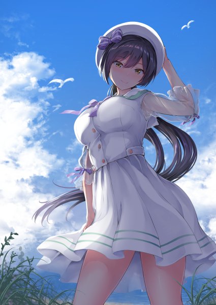 Anime picture 850x1200 with idolmaster idolmaster shiny colors shirase sakuya oonaka ito single long hair tall image looking at viewer blush fringe breasts black hair smile hair between eyes large breasts standing yellow eyes payot sky cloud (clouds)