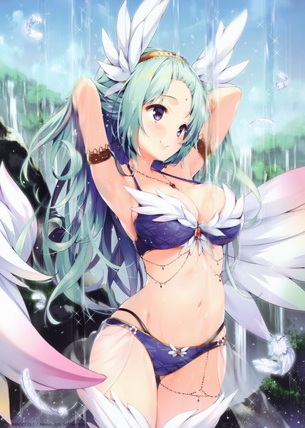 Anime picture 2426x3400 with original senji (tegone spike) single long hair tall image blush highres breasts light erotic smile large breasts standing purple eyes looking away sky cleavage outdoors scan aqua hair arms up