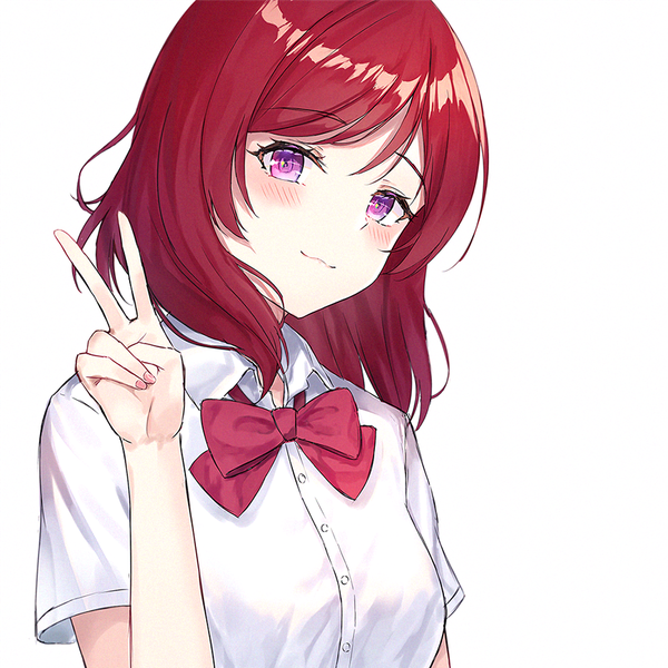 Anime picture 869x869 with love live! school idol project sunrise (studio) love live! nishikino maki atychi single looking at viewer blush fringe short hair simple background white background purple eyes upper body red hair victory :3 girl uniform school uniform