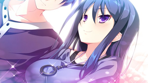 Anime picture 1280x720 with kimi to boku to no kishi no hibi: rakuen no chevalier hojo tori long hair blush smile wide image purple eyes blue hair game cg couple girl boy pendant