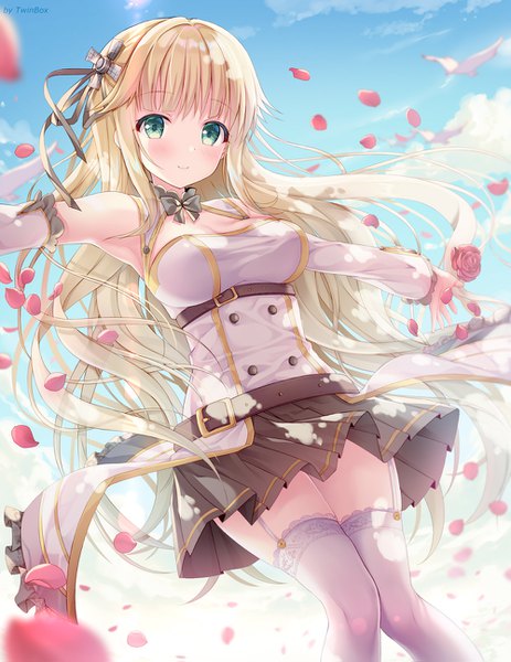 Anime picture 1000x1295 with azur lane aurora (azur lane) sousouman single long hair tall image looking at viewer blush fringe breasts blonde hair smile standing green eyes signed payot sky cloud (clouds) outdoors blunt bangs