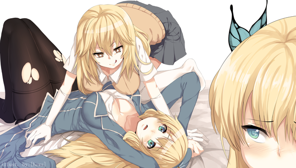 Anime picture 6500x3700 with kantai collection boku wa tomodachi ga sukunai to aru kagaku no railgun j.c. staff kashiwazaki sena atago heavy cruiser shokuhou misaki hews long hair blush highres open mouth blue eyes light erotic blonde hair wide image multiple girls brown eyes absurdres shoujo ai