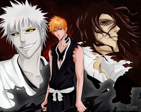 Anime picture 1850x1480 with bleach studio pierrot kurosaki ichigo zangetsu cubur (artist) looking at viewer highres short hair smile brown hair bare shoulders brown eyes white hair japanese clothes profile wind orange hair orange eyes tattoo boy