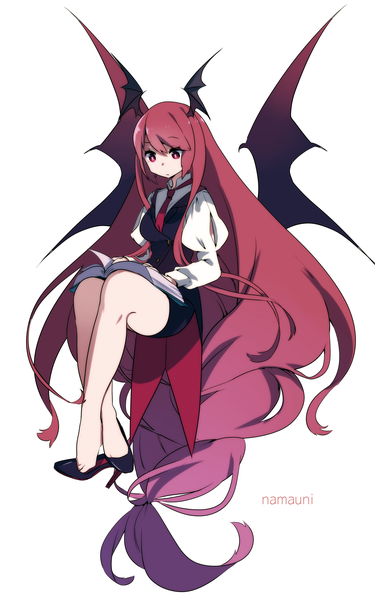 Anime picture 1800x2880 with touhou koakuma namauni single long hair tall image fringe highres simple background red eyes white background bare shoulders signed full body red hair long sleeves very long hair high heels puffy sleeves crossed legs
