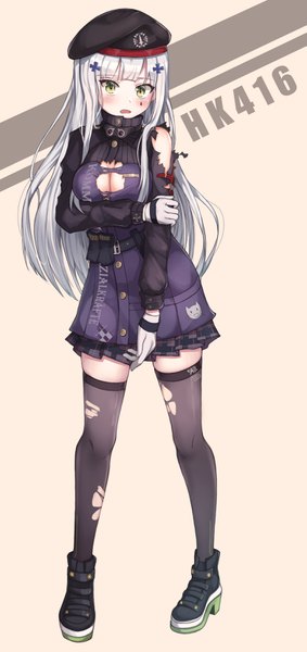 Anime picture 1566x3312 with girls frontline hk416 (girls frontline) wabbajack single long hair tall image looking at viewer blush fringe breasts open mouth light erotic simple background standing green eyes payot silver hair full body blunt bangs pleated skirt