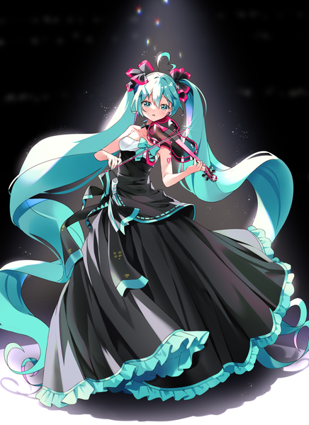 Anime picture 1000x1375 with vocaloid miku symphony (vocaloid) hatsune miku arami o 8 single tall image fringe hair between eyes twintails full body ahoge very long hair aqua eyes aqua hair :o light frilled dress playing instrument girl dress