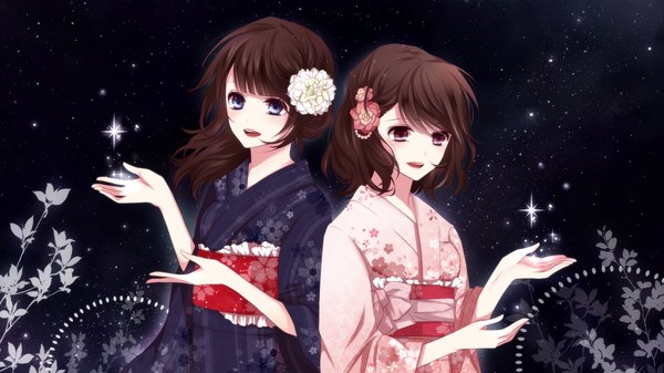 Anime picture 2000x1124 with an-mar (tukumoooon) highres short hair open mouth blue eyes black hair wide image multiple girls brown eyes traditional clothes japanese clothes hair flower girl hair ornament 2 girls kimono star (stars) obi