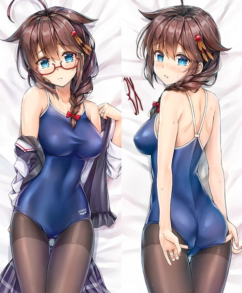 Anime picture 1200x1450 with kantai collection arena (company) shigure destroyer kotatsu (kotatsu358) long hair tall image looking at viewer blush fringe light erotic hair between eyes brown hair bare shoulders payot ahoge ass braid (braids) parted lips looking back from above