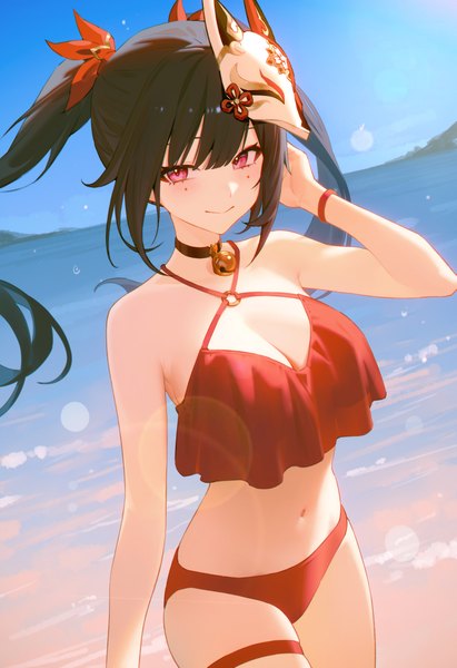Anime picture 1664x2432 with honkai: star rail honkai (series) sparkle (honkai: star rail) 95--- single long hair tall image looking at viewer blush fringe breasts light erotic black hair smile large breasts standing twintails payot sky cleavage
