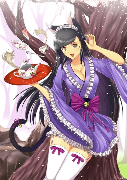 Anime picture 2480x3507 with original xiao lian long hair tall image looking at viewer highres open mouth black hair brown eyes animal ears tail traditional clothes animal tail cat ears cat girl cat tail girl thighhighs plant (plants) white thighhighs