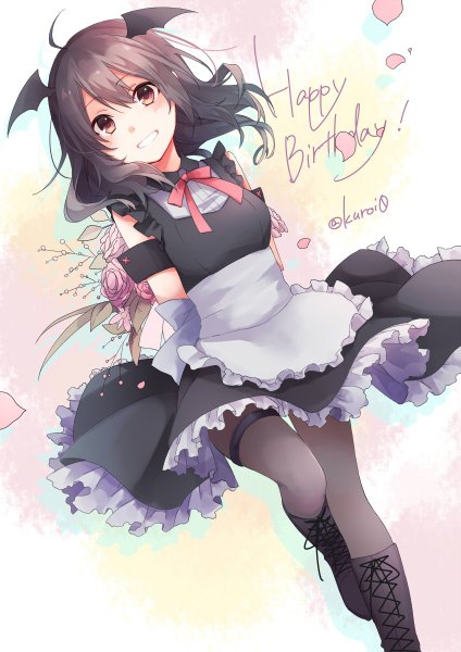 Anime picture 848x1200 with original kuroi (liar-player) single long hair tall image blush smile brown hair standing brown eyes signed ahoge parted lips maid dutch angle sleeveless twitter username grin text standing on one leg