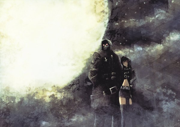 Anime picture 1600x1131 with original blackball (artist) looking at viewer fringe black hair red eyes glowing girl thighhighs boy navel black thighhighs shorts belt hood cloak mask cross gas mask