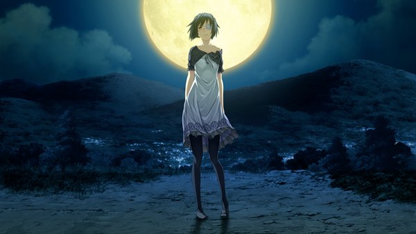 Anime picture 1024x576 with suigetsu 2 single short hair black hair wide image brown eyes game cg mountain girl dress moon eyepatch