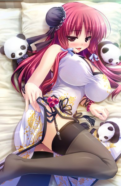 Anime picture 2560x3927 with prism recollection renjou sayaka shintarou long hair tall image looking at viewer highres breasts open mouth light erotic smile red eyes bare shoulders red hair erect nipples huge breasts covered nipples chinese clothes :p thighhighs