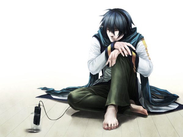 Anime picture 1200x900 with vocaloid kaito (vocaloid) ujuju single short hair sitting blue hair eyes closed barefoot tears crying sad boy headphones scarf wire (wires) digital media player