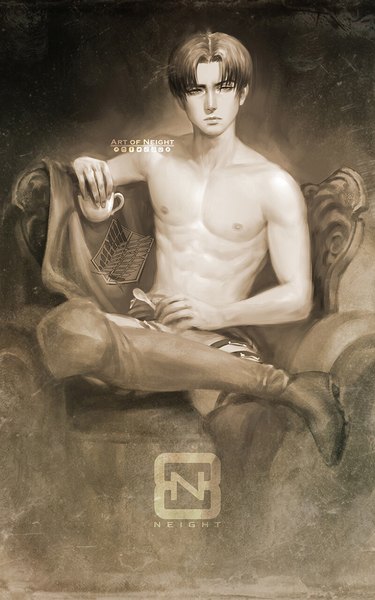 Anime picture 800x1280 with shingeki no kyojin production i.g levi (rivaille) artofneight single tall image looking at viewer fringe short hair light erotic black hair simple background sitting holding signed nipples realistic topless muscle abs