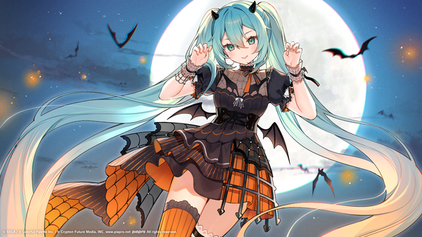 Anime picture 1920x1080 with project sekai vocaloid hatsune miku yenkoes single looking at viewer fringe highres smile hair between eyes wide image twintails outdoors very long hair head tilt horn (horns) aqua eyes aqua hair official art halloween