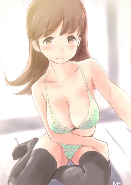 Anime picture 1447x2039 with kantai collection ooi light cruiser wa (genryusui) single long hair tall image blush breasts light erotic brown hair sitting brown eyes signed cleavage no shoes underwear only girl thighhighs underwear panties