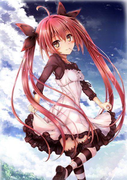 Anime picture 1416x2006 with date a live itsuka kotori kaisu single long hair tall image looking at viewer blush fringe smile hair between eyes standing twintails brown eyes sky cloud (clouds) ahoge red hair standing on one leg dress lift
