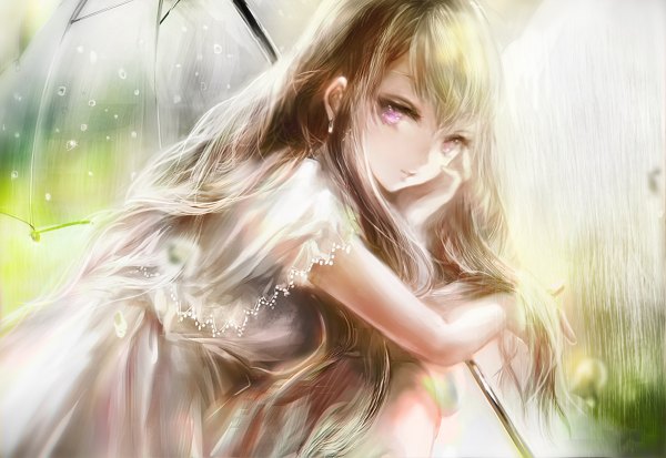 Anime picture 1200x826 with original juexing (moemoe3345) single long hair looking at viewer brown hair purple eyes rain transparent umbrella girl dress umbrella