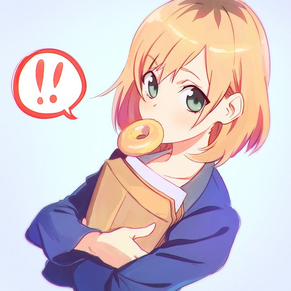 Anime picture 1080x1080 with shirobako p.a. works miyamori aoi ilya kuvshinov single looking at viewer blush fringe short hair blue eyes simple background blonde hair holding payot upper body long sleeves mouth hold portrait blue background !