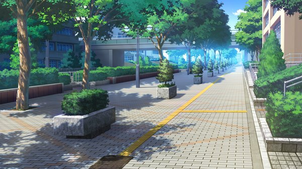 Anime picture 1820x1024 with hapymaher purple software highres wide image game cg shadow cityscape plant (plants) tree (trees) building (buildings) road