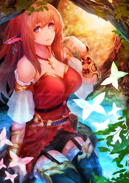 Anime picture 955x1351 with original yaoya musuko single long hair tall image looking at viewer highres breasts large breasts bare shoulders cleavage red hair pink eyes pointy ears arm support elf nature girl thighhighs plant (plants)