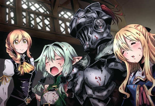 Anime picture 1280x880 with goblin slayer! white fox high elf archer (goblin slayer!) goblin slayer priestess (goblin slayer!) guild girl (goblin slayer!) kukie-nyan long hair blush fringe open mouth blonde hair smile hair between eyes standing bare shoulders multiple girls yellow eyes payot looking away