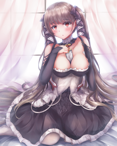 Anime picture 1600x2000 with azur lane formidable (azur lane) absent single long hair tall image looking at viewer blush fringe breasts open mouth light erotic red eyes large breasts sitting twintails full body indoors grey hair :o