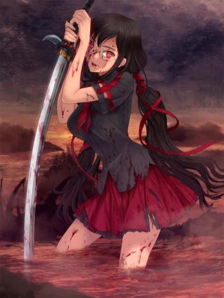 Anime picture 1050x1400 with blood c production i.g kisaragi saya mutsuki (moonknives) single long hair tall image black hair red eyes twintails torn clothes girl ribbon (ribbons) weapon hair ribbon sword glasses blood