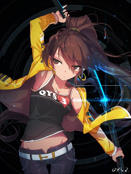 Anime picture 907x1200 with original qian ye (qys3) qys3 single long hair tall image looking at viewer breasts simple background standing holding brown eyes signed ahoge ponytail arm up open clothes armpit (armpits) tattoo thigh gap