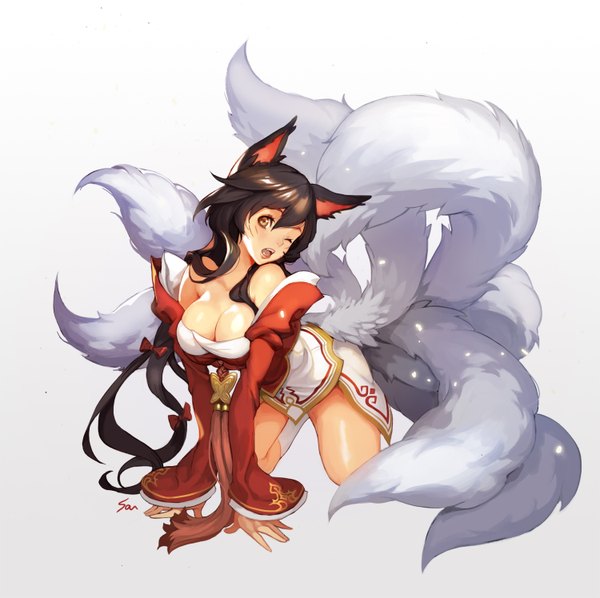 Anime picture 1500x1496 with league of legends ahri (league of legends) nawol single long hair open mouth light erotic black hair bare shoulders animal ears yellow eyes tail one eye closed wink kneeling facial mark fox girl multiple tails whisker markings girl