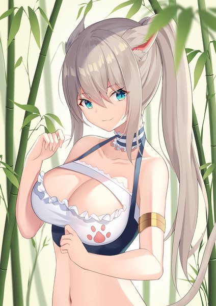 Anime picture 2480x3508 with original angel no shousou single long hair tall image looking at viewer fringe highres breasts blue eyes light erotic smile hair between eyes large breasts standing animal ears payot cleavage upper body outdoors