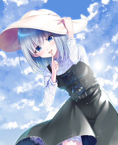 Anime picture 1159x1423 with original hiiiiron kocho single tall image looking at viewer blush fringe short hair open mouth blue eyes smile sky silver hair cloud (clouds) leaning finger to mouth girl dress hat