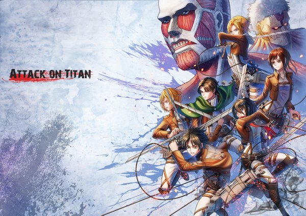 Anime picture 1600x1131 with shingeki no kyojin production i.g mikasa ackerman eren yaeger levi (rivaille) annie leonhart armin arlert sasha blouse bertolt hoover reiner braun colossal titan titan (shingeki no kyojin) armored titan tako seijin (takos000) short hair blue eyes black hair blonde hair smile red eyes