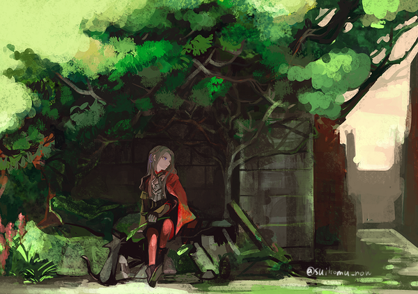 Anime picture 900x634 with fire emblem fire emblem: three houses nintendo edelgard von hresvelg suikomu now single long hair sitting purple eyes holding signed looking away silver hair full body outdoors twitter username against wall girl uniform plant (plants)