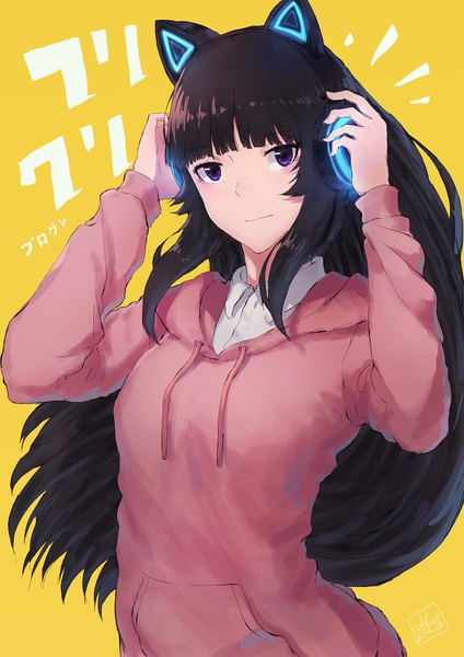 Anime picture 1500x2122 with flcl gainax hibajiri hidomi aochoku single long hair tall image looking at viewer blush fringe black hair simple background purple eyes payot upper body blunt bangs inscription copyright name floating hair yellow background