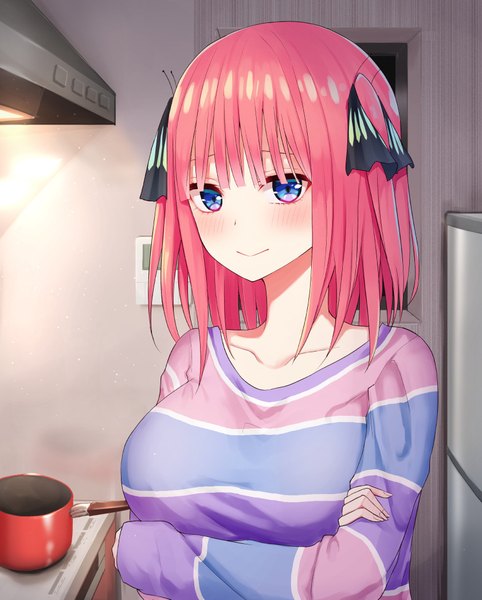 Anime picture 841x1046 with go-toubun no hanayome nakano nino piripun single tall image looking at viewer blush fringe short hair breasts blue eyes smile hair between eyes large breasts upper body indoors blunt bangs long sleeves two side up striped
