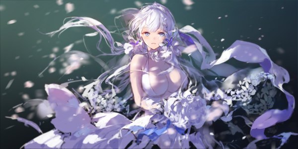 Anime picture 2400x1200 with azur lane illustrious (azur lane) illustrious (morning star of love and hope) (azur lane) swd3e2 single long hair looking at viewer fringe highres breasts blue eyes light erotic wide image large breasts cleavage silver hair wind official art black background snowing