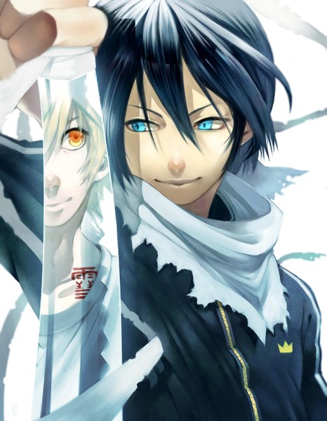 Anime picture 1911x2456 with noragami studio bones yato (noragami) yukine (noragami) cottoncandystar tall image fringe highres short hair blonde hair white background blue hair looking away aqua eyes light smile lips multiple boys orange eyes bodypaint boy