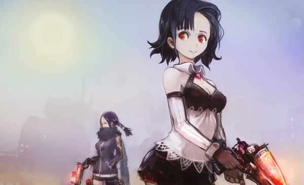 Anime picture 3508x2144 with original okuto fringe highres short hair breasts black hair smile red eyes wide image standing bare shoulders multiple girls holding looking away absurdres sky cleavage outdoors profile