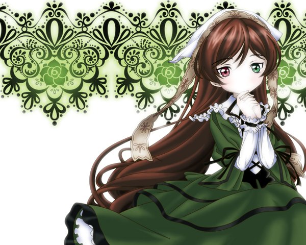 Anime picture 1280x1024 with rozen maiden suiseiseki single long hair looking at viewer brown hair wallpaper heterochromia hands clasped no nose girl dress green dress