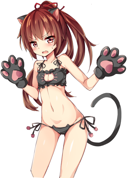 Anime picture 621x862 with battle girl high school himukai yuri unacchi (nyusankin) single long hair tall image looking at viewer blush fringe breasts open mouth light erotic simple background brown hair brown eyes animal ears ponytail tail animal tail cat ears