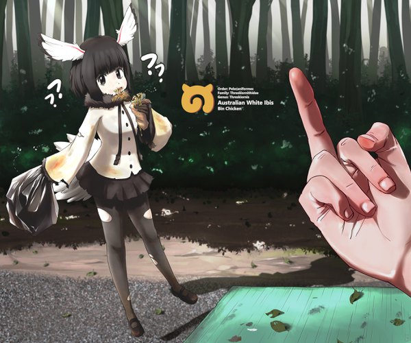 Anime picture 2520x2100 with kemono friends original australian white ibis frank seven looking at viewer fringe highres short hair light erotic black hair standing blunt bangs pleated skirt black eyes character names torn clothes eating head wings pov torn pantyhose