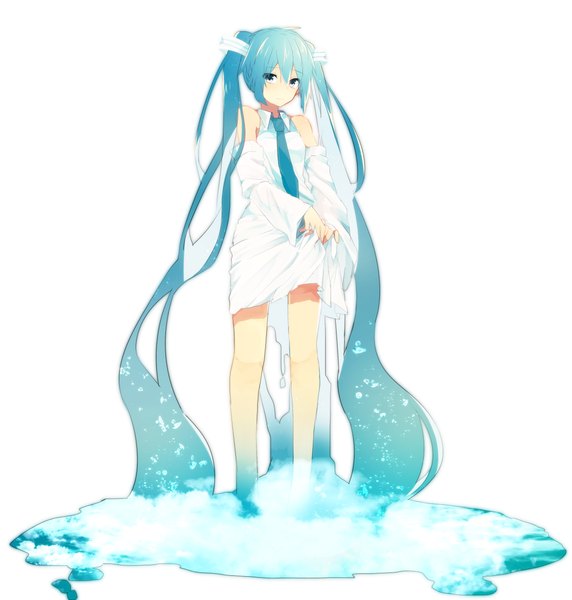 Anime picture 1203x1262 with vocaloid hatsune miku nanase09rr single tall image looking at viewer white background twintails very long hair aqua eyes aqua hair double exposure sky print girl hair ornament detached sleeves necktie