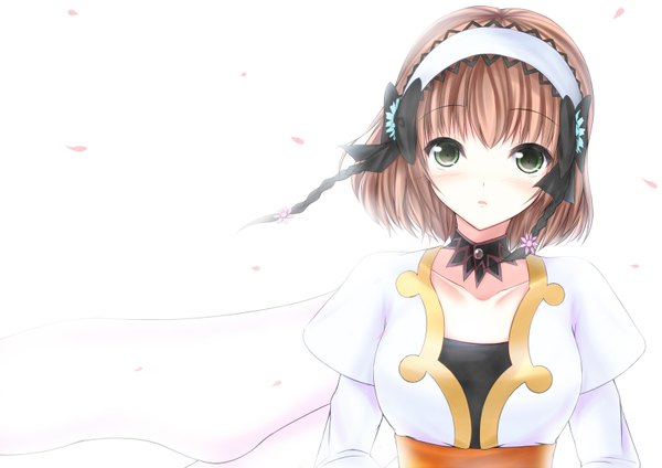 Anime picture 1600x1131 with tales of (series) tales of xillia leia roland parisnoko (artist) single short hair simple background brown hair white background green eyes girl petals headdress